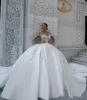 2021 Luxury Arabic Ball Gown Wedding Dresses Formal Bridal Gowns Satin Lace Appliques Crystal Beads Overskirts Detachable Train Long Sleeves Vestidos De Novia