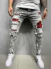 Men's Quilted Embroidered jeans Skinny Jeans Ripped Grid Stretch Denim Pants MAN Patchwork Jogging Trousers S-3XL 210716