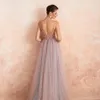 Sexy Spaghetti-Riemen Abendkleider 2021 Neue Ankunft V-Ausschnitt Strasssteine ​​Perlen formale Prom-Kleider mit Slit Robe de Soiree