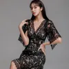 Summer Sexy V-Neck Lace Dress Women bodycon Sheath Pencil Dresses short Sleeve office work Vestidos 210518