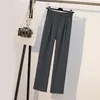 Gri Siyah Artı Boyutu Yüksek Bel Geniş Bacak Pantolon kadın Sonbahar Gevşek Düz Suit Buz Ipek Kadın 110A 210420
