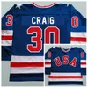 1980 Man Retro USA Eishockey-Trikots 17 Jack Ocallahan 21 Mike Eruzione 30 Jim Craig Farbe Blau Weiß genähte Laufuniformen