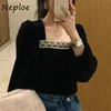 Sexig Square Collar Clavicle Exposed Velour Blouse Women Pullover Långärmad Slim Fit Black Blusas Spring Shirt 210422