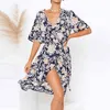 Kobiety Wrap Długa Dress Summer Boho Floral Print Beach Sexy V-Neck Party Elegant Sundress Robe Femme 210515