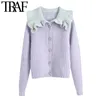 TRAF Femmes Mode Bejeweled Boutons Patchwork À Volants Cardigan Pull Vintage À Manches Longues Femme Survêtement Chic Tops 210415