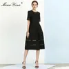 Fashion Designer Dress Summer Women's dress Short sleeve Stripe Lace Embroidery Ruched Slim Elegant Dresses 210524