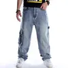 Hip Hop Jeans Hommes Poches Latérales Denim Salopette Pantalon Sarouel Grande Taille 44 Baggy Coupe Ample Mâle 211120