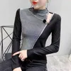 Autumn Color Block T-shirts Women Shiny Bling Patchwork Stretchy Tops Bottoming Long Sleeve Camiseta Mujer T99291 210421