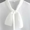 Eleganta kvinnor vit båge krage skjortor mode damer massiv chiffong toppar söt kvinnlig chic polyester lösa blusar 210430