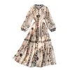 Women's Spring Autumn Dress Korean Retro Style Print Long Sleeve Slim Stand Collar Female es QX898 210507