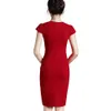 Nice-Forever Office Kvinnor Vintage Sommar Solid Deep V Neckoktor Back Formell Sträckpenna Arbete Bodycon Pocket Dress 521 210721