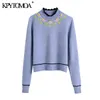 Women Fashion Flroal Embroidery Knitted Sweater High Neck Long Sleeve Female Pullovers Chic Tops 210420