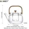 Borrey Handtag Glas Tekanna Värmebeständig blomma Tea Kettle Stor Klar Fruktjuice Container Keramisk hållare Bas 210621