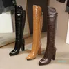 Stövlar polerat stenmönster retro färg over-the-knä gata trend kvinnor boot super högt tjockt häl glänsande patentläder