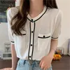 Korean Elegant Knitted Cardigan Women Summer Short Sleeve O-neck Pockets Vintage Ladies Tops Jumpers Femme 210513