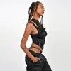 Women Tanks Crop Top Fashion Mesh Panel Moulded Patch Crewneck Vest Party Clubwear