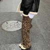Koreański Lampart Drukuj szerokie spodnie nogi wysokiej talii prosta rura dorywczo luźne cienkie mopy kobiety moda pot 210925