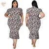 Plus Size Dress Women Summer Leopard Printed Short Sleeve Maxi Dresses Bodycon Ruffle Hem Elegant Outfits Wholesale Drop 211106