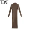 Traf Women Chic Fashion Stretchy Slim Side Slit Midi Knit Dress Vintage High Neck Long Sleeve Female Dresses Vestidos 210415