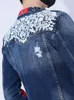 メンズトラックスーツメンズブルーデニムジャケットジーンズパンツスリムフィットカジュアルセットパッチワークホール刺繍リベット2PCS L1