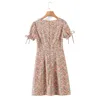 Spring Summer Vintage V-neck High Waist Slim Split Printed Puff Sleeve Holiday Mini Dress Women 210508