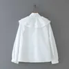 Women Cascading Ruffle V-Neck Bow Tie White Shirt Smock Femme Long Sleeve Blouse Casual Lady Loose Tops Blusas S8089 210719