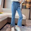 Jeans mode pour filles fendu avec perle Design printemps automne arrivées vêtements adolescent bleu haute qualité Denim Flare pantalon