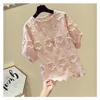 Neploe Women Doll Shirt 3D Floral Embroidery Short Sleeve Blouse New Korean Causal Sweet Lace Top Blusas Plus Size 210423