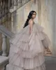Sexy Ruffles Champagne Tulle Kimono Women Evening Dresses Robe For Photoshoot Puffy Strapless High Low Prom Gowns African Maternity Dress Photography