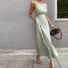 Sommer Baumwolle Leinen Frauen Lange Kleider Vintage Spitze Up Maxi Kleid Schärpen Ärmellose Weibliche Tank Strand 210428