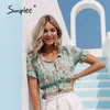 Retro floral print button woman Summer elastic sleeve lace up short blouse Holiday vacation fashion top 210414