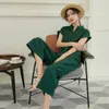 Green Summer Jumpsuit Women Lace Up Button Collared Romper Korean Overalls For One Piece 210427