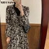 Fransız Retro Chic Kadınlar Patchwork Elbiseler Bahar Uzun Kollu Turtlenck Çiçek Baskılı Maxi Mujer Vestidos Artı Boyutu 210423