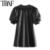 Women Chic Fashion With Ruffled Faux Leather Mini Dress Vintage Puff Sleeve Button-up Female Dresses Vestidos 210507