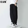 [EAM] High Elastic Waist Black Pocket Casual Trousers Loose Fit Cargo Pants Women Fashion Spring Summer 1DD8332 210512