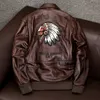 2021 chestnut Indian Bomber Fighter Genuine Leather Jacket 100% Real Cowhide Motorcycle Biker Coat Pilot Clothing