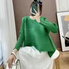 여성용 티셔츠 Changplat 2022 봄 제품 고체 불규칙한 미야케 주름진 패션 플러스 사이즈 느슨한 캐주얼 라운드 넥 탑