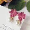 Fashion Rose red Big Flower Full stone Setting Irregular Pearl Drop Earring Party Jewelry Gift Wedding bride Accessories 210624