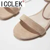 Flock beige högklackat sandaler kvinnor 2020 sommarskor kvinnor mode öppna tå spänne sandaler casual square häl kvinnliga skor y0721