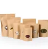 100pcs Thick Stand up Kraft Paper Clear Oval Window Zip zipper Packaging Bag Coffee Powder Snack Resealable Gifts Storage