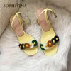 Sophitina söta sandaler kvinnor kvadrat tå mode t-rem spänne tjocka klackar eleganta skor blommor dekoration sandaler po609 210513