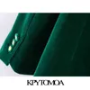 KPYTOMOA Kvinnor Mode Metal Knapp Velvet Green Blazer Coat Vintage Långärmad Flapfickor Kvinnlig Ytterkläder Chic Veste 211122