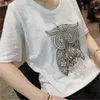 刺繍の面白い綿の特大Tシャツの女性半袖緩い女性Tシャツ夏ティートップスMujer原宿210423