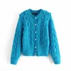 Costume Jewelry Pearl Button Twisted Ball Knit Jacket Fashion Sky Blue Chic Lady Elegant Sweater Cardigan 210521
