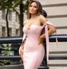 Kvinnor Sexig Beading Lace Up Pink Bandage Klänning Elegant Night Club Midi Prom Celebrity Bodycon Party Vestido 210527