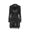[EWQ] nouveau col cranté en cuir PU Mini robe courte autoportrait mince PU robe de soirée dentelle Patchwork Vestidos noir 210423