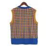 Vintage Argyle femmes pull gilet épissure couleur Plaid sans manches col rond automne hiver femme tricoté bleu 210819