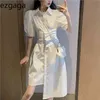 Ezgaga Frühling Sommer Neue Koreanische Mode Unregelmäßige Elegante Kleid Frauen Puff Sleeve Revers Schlanke Taille Taste Mini Kleid Vestidos 210430