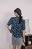 Старинный слойной рукав Летняя блузка Цветочная рубашка Женщины Отворачивает короткие синие цветочные верхние кнопки Корейский 210427