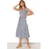 Zomerjurk vrouwen mouwloze casual streep jurken v-hals bangage midi jurk vrouwelijke knielengte vintage sundress voor dame 210507